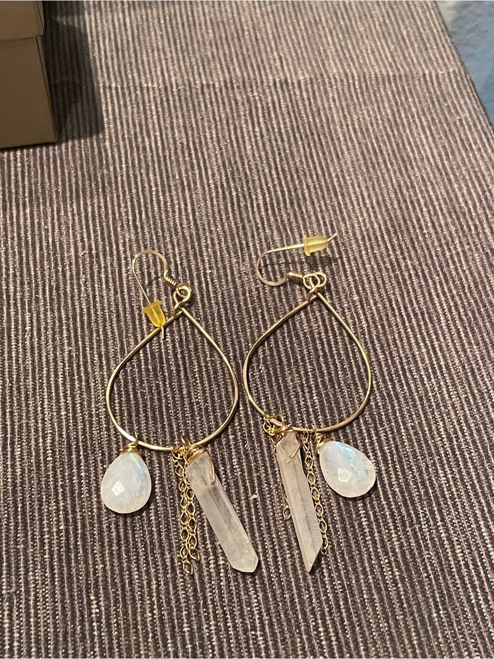 Gold Teardrop Hoop Earrings with Clear Crystal and Moonstone Drops